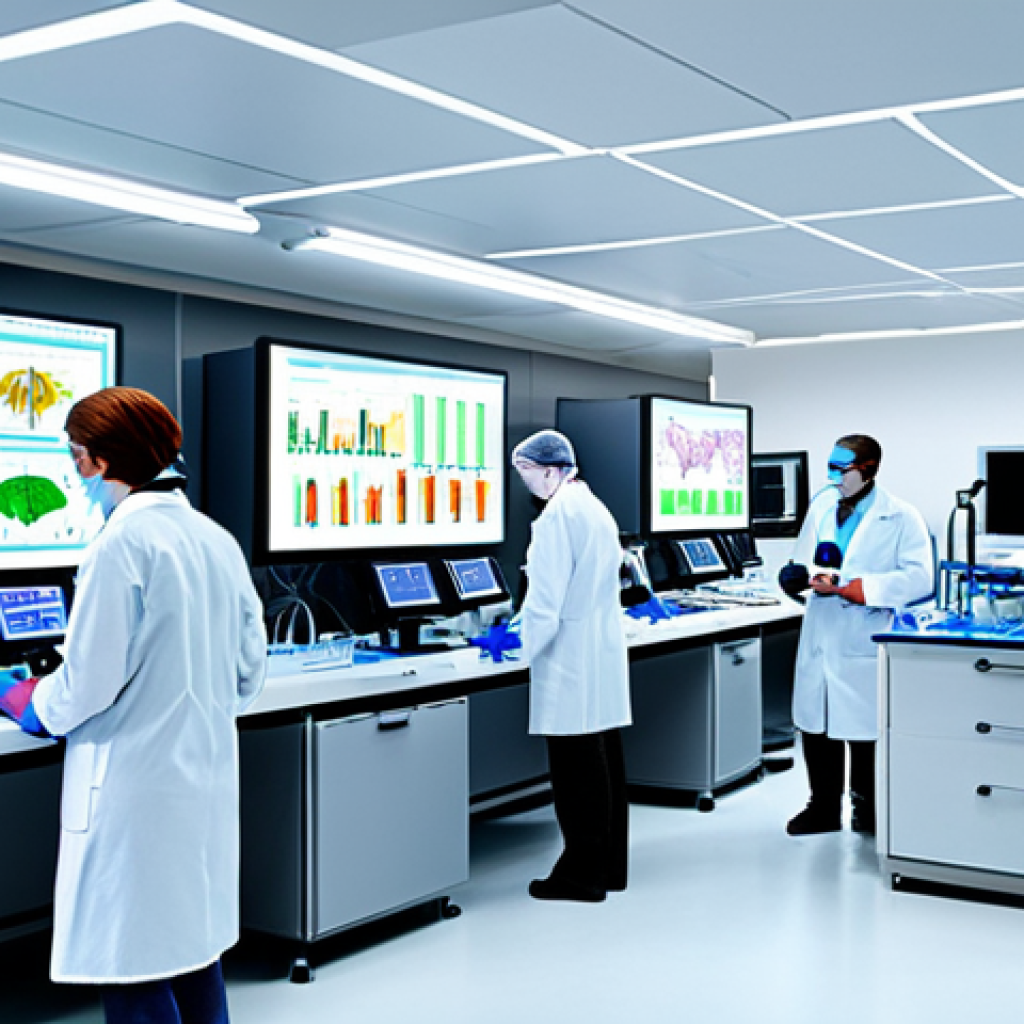 **

A futuristic laboratory scene depicting scientists working on gene therapy and cell therapy research. The scene should be bright and modern, with visible equipment like microscopes, bioreactors, and computer screens displaying complex data visualizations. The overall impression should be one of rapid advancement and innovation in biopharmaceutical research and development, hinting at potential cures for diseases like cancer and autoimmune disorders.

**
