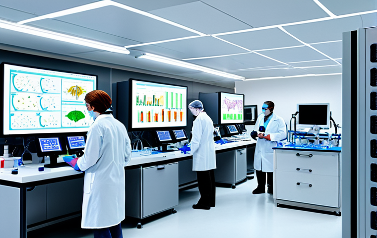 **

A futuristic laboratory scene depicting scientists working on gene therapy and cell therapy research. The scene should be bright and modern, with visible equipment like microscopes, bioreactors, and computer screens displaying complex data visualizations. The overall impression should be one of rapid advancement and innovation in biopharmaceutical research and development, hinting at potential cures for diseases like cancer and autoimmune disorders.

**