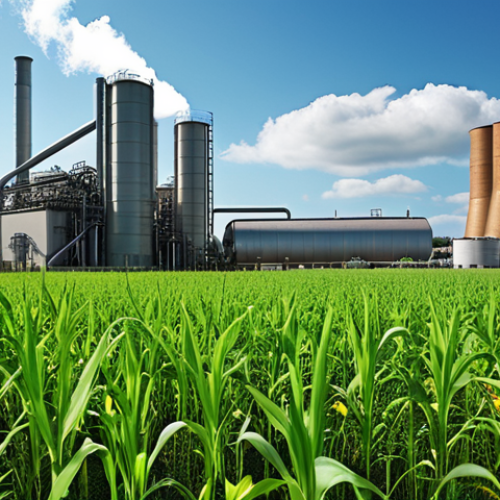 Home 27 **A modern biorefinery plant with lush green fields of biomass feedstock in the foreground, symbolizing sustainable energy production. The sky should be clear and bright, representing a hopeful future.**
