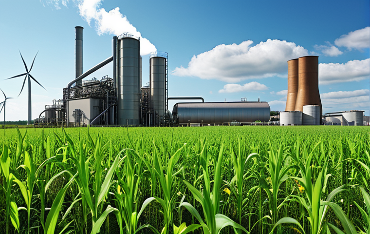 **A modern biorefinery plant with lush green fields of biomass feedstock in the foreground, symbolizing sustainable energy production. The sky should be clear and bright, representing a hopeful future.**
