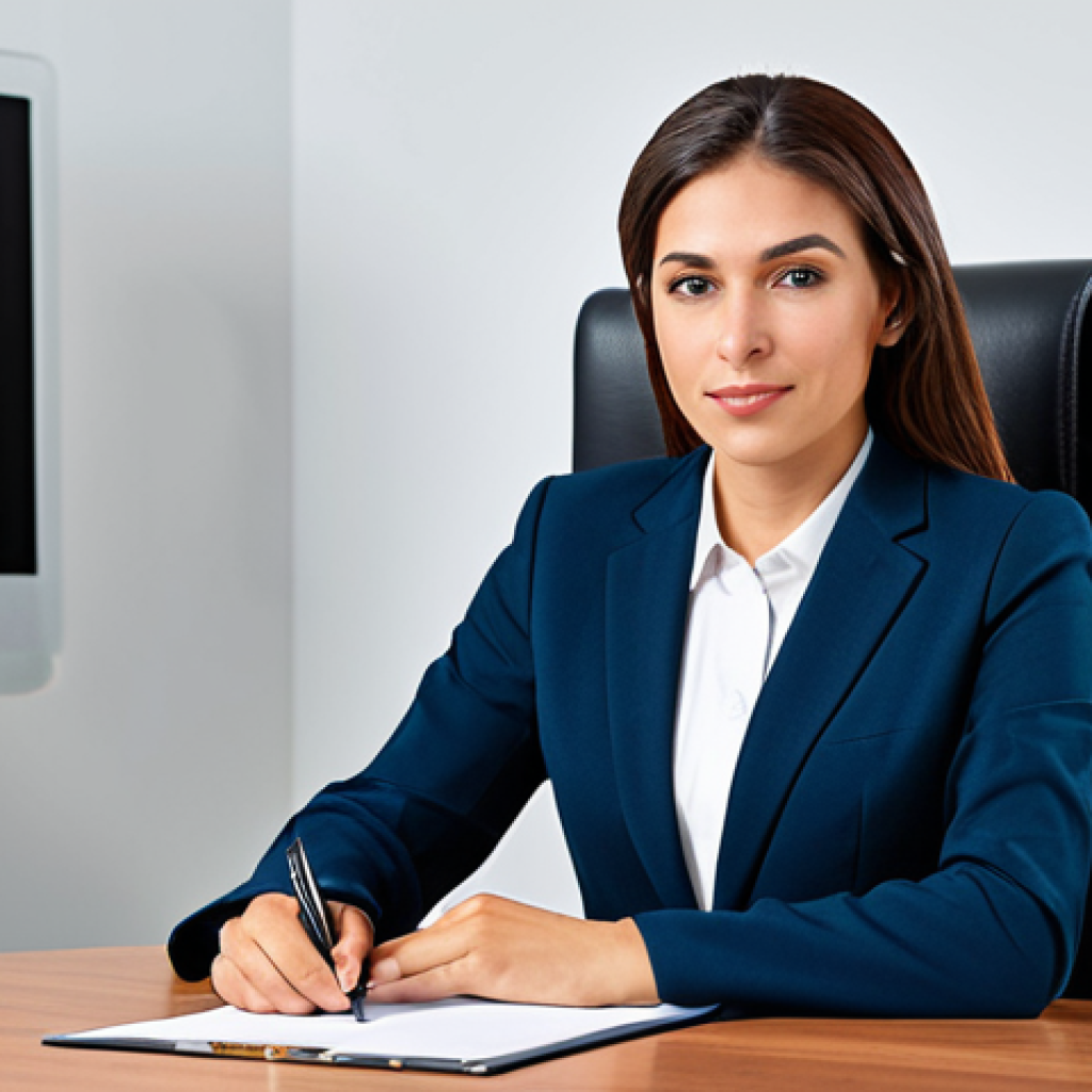 바이오 생명 공학 혁신 - A professional businesswoman in a modest business suit, sitting at a desk in a modern office, fully ...