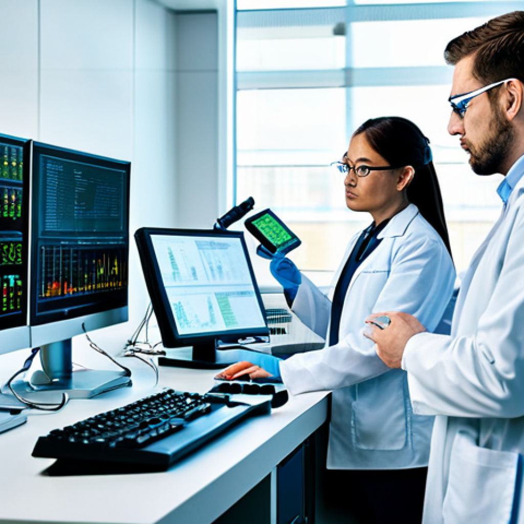 생명공학 회사 - **Healthcare Innovation:** "A modern laboratory filled with researchers in lab coats, examining test...