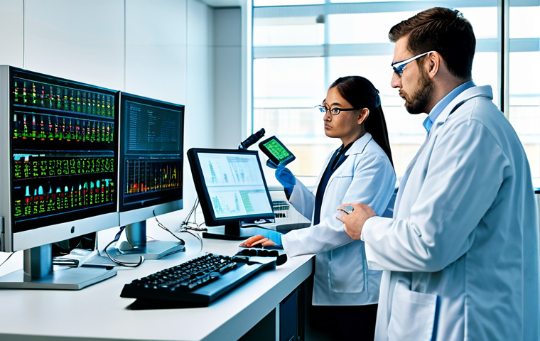 생명공학 회사 - **Healthcare Innovation:** "A modern laboratory filled with researchers in lab coats, examining test...