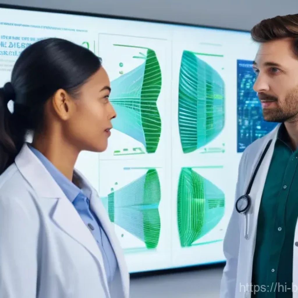 분자 진단 시장 - **Prompt:** A compassionate female doctor in a crisp white lab coat consults with a male patient in ...