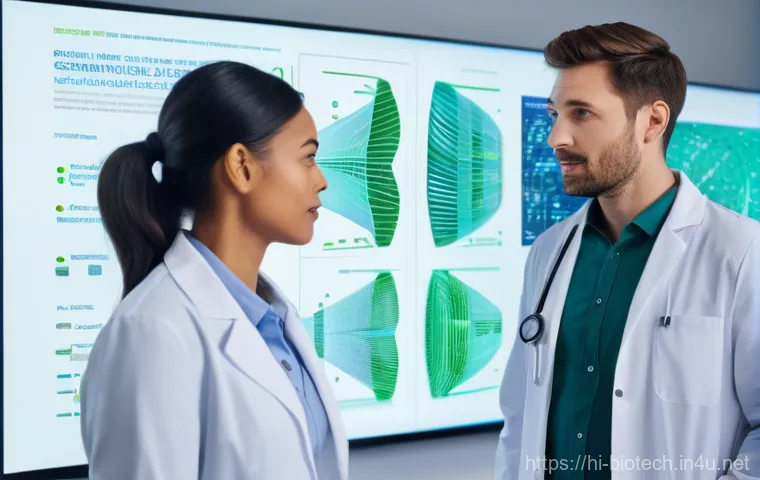 분자 진단 시장 - **Prompt:** A compassionate female doctor in a crisp white lab coat consults with a male patient in ...