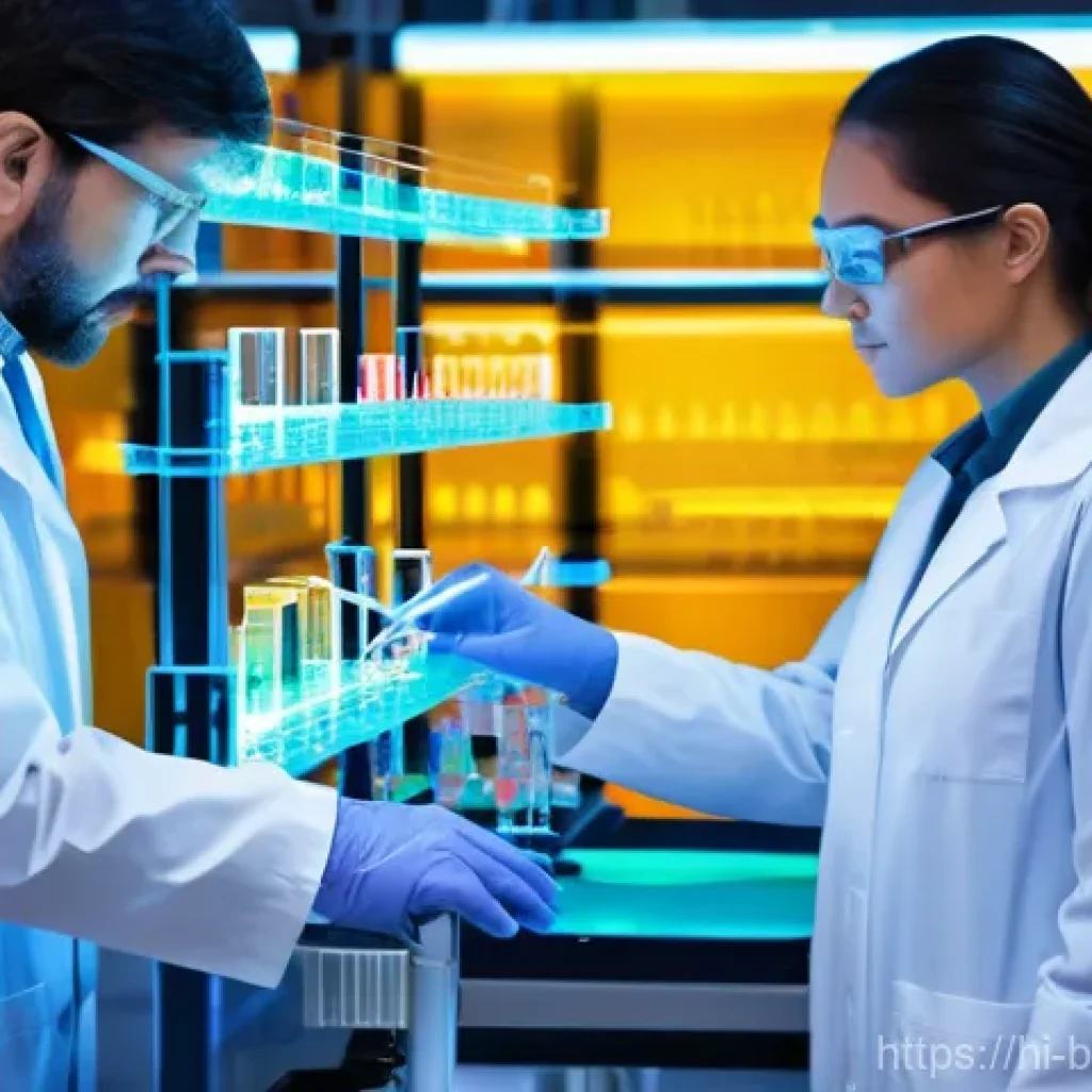 바이오 분석 기술 - **Prompt:** A diverse group of scientists, fully clothed in modern lab coats, intently focused in a ...