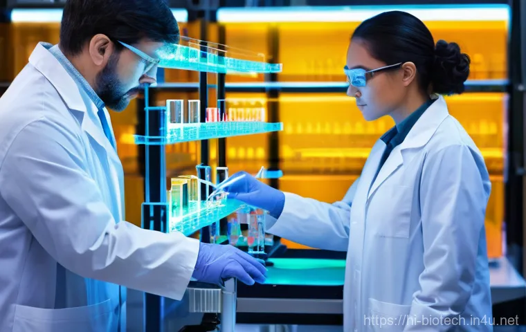 바이오 분석 기술 - **Prompt:** A diverse group of scientists, fully clothed in modern lab coats, intently focused in a ...