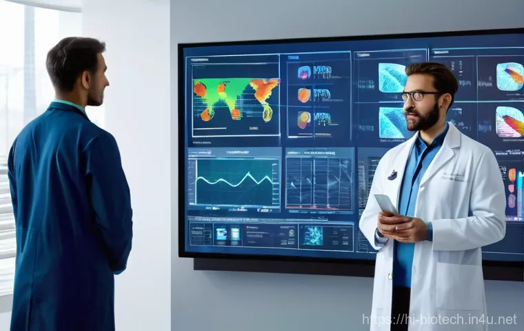 바이오 분석 기술 - **Prompt:** A diverse group of scientists, fully clothed in modern lab coats, intently focused in a ...