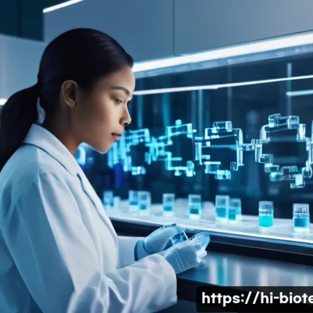 바이오 기술 트렌드 - **Prompt:** "A futuristic, pristine laboratory bathed in soft, cool blue and white light. In the for...