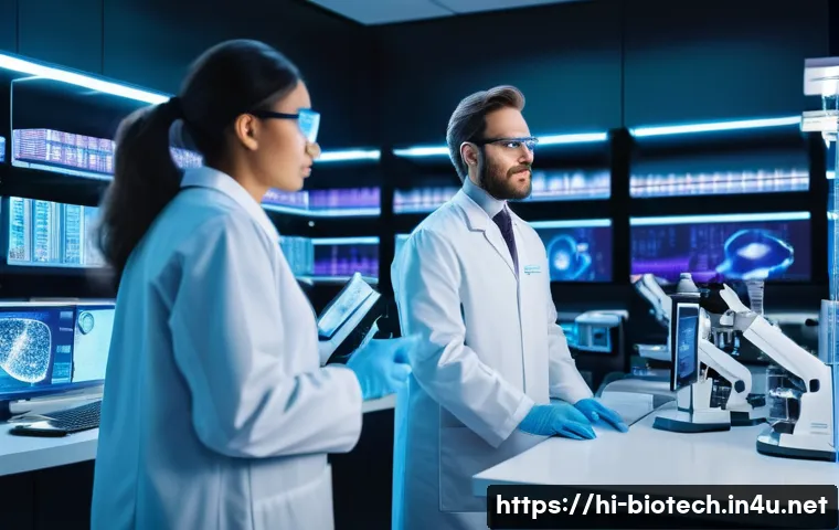바이오 의약품 시장 전망 - A high-tech biotechnology laboratory scene showcasing advanced gene editing and protein engineering ...