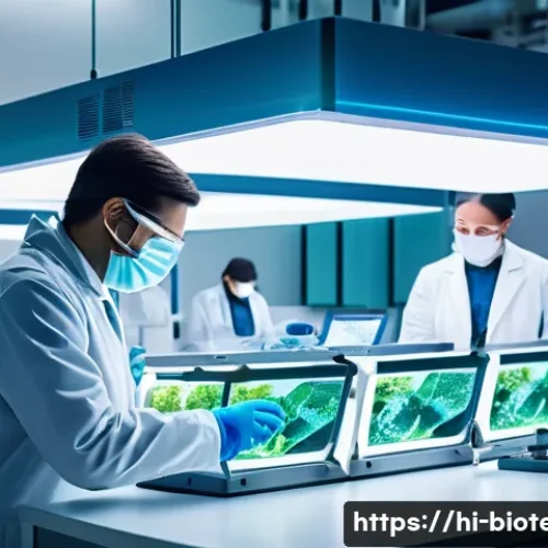 합성생물학 응용 분야 - A futuristic laboratory scene showcasing advanced synthetic biology technology, featuring scientists...