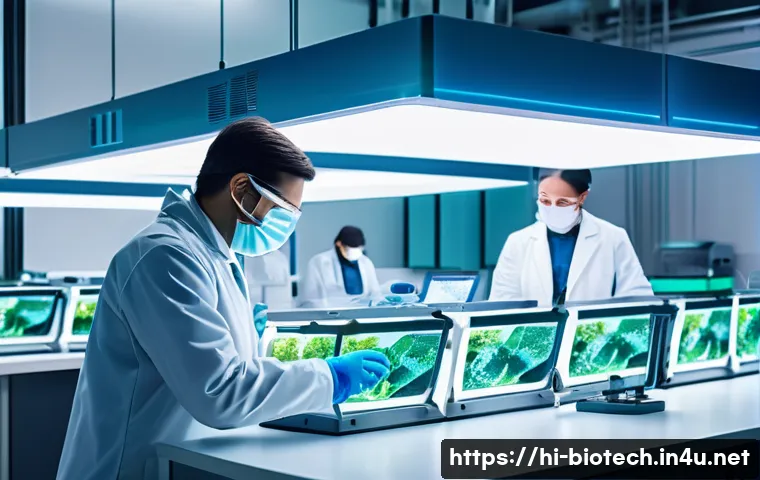 합성생물학 응용 분야 - A futuristic laboratory scene showcasing advanced synthetic biology technology, featuring scientists...