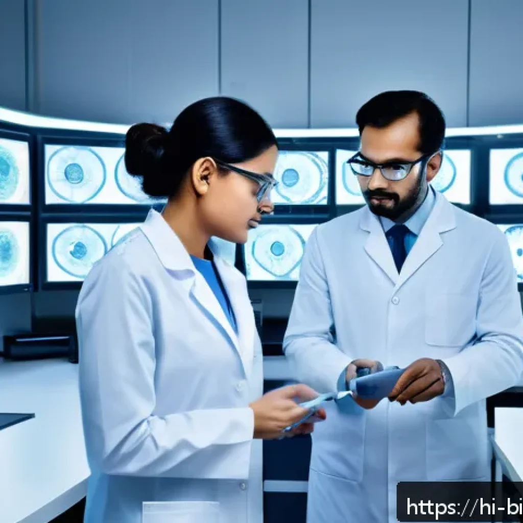 나노입자 약물 전달 - A highly detailed futuristic laboratory scene showcasing scientists in white lab coats working with ...