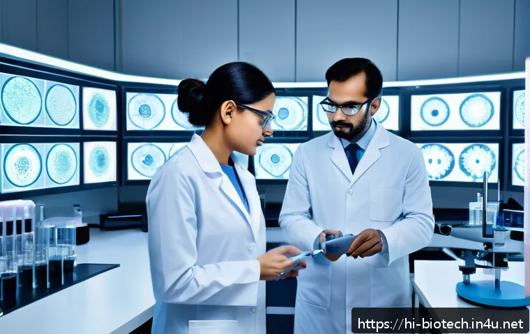 나노입자 약물 전달 - A highly detailed futuristic laboratory scene showcasing scientists in white lab coats working with ...