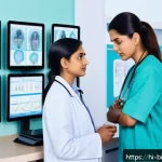 Home 21 바이오테크 스타트업 - A modern healthcare clinic scene in India, featuring a diverse group of Indian patients and doctors ...