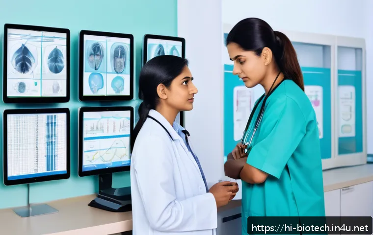 바이오테크 스타트업 - A modern healthcare clinic scene in India, featuring a diverse group of Indian patients and doctors ...