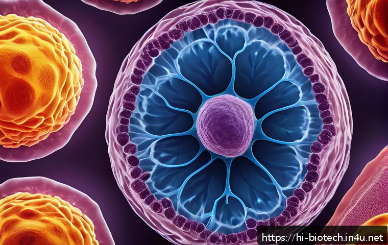 줄기세포 연구 - A highly detailed scientific illustration showing the process of stem cell differentiation, featurin...