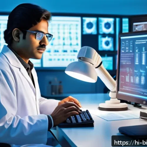 Home 17 바이오 기술 특허 - A detailed and realistic laboratory scene showing an Indian biotech researcher in traditional kurta-...