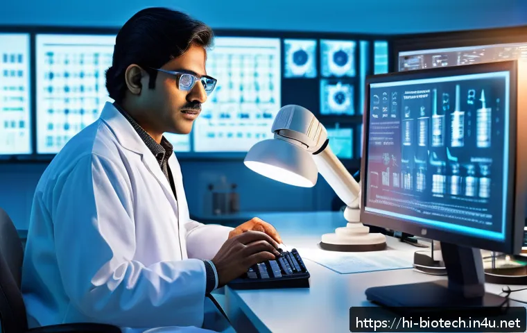 바이오 기술 특허 - A detailed and realistic laboratory scene showing an Indian biotech researcher in traditional kurta-...