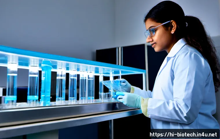 Home 30 DNA 합성 기술 - Photorealistic modern biotechnology laboratory, Indian female scientist in a clean lab coat and safe...