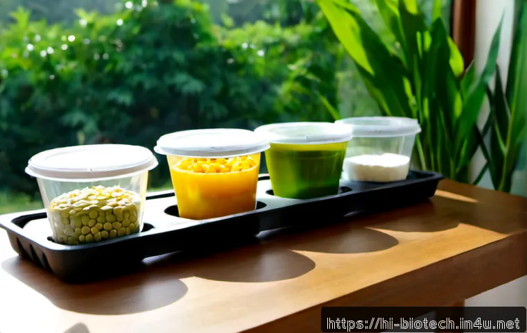 Home 17 바이오 플라스틱 - Photorealistic close-up of biodegradable bioplastic food containers, clear cups, and plant-based ute...