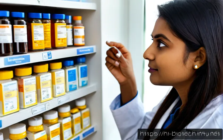 의약품 특허 만료 - Photorealistic Indian pharmacist in a bright modern pharmacy, carefully comparing two unbranded medi...